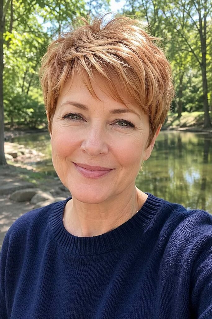 Layered Auburn Pixie with Wispy Bangs