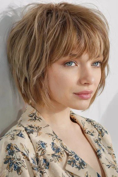 Layered Blonde Bob with Soft Curtain Bangs