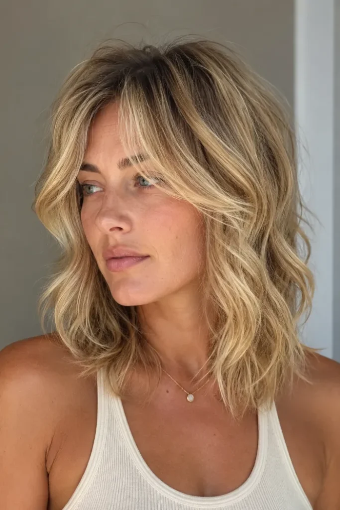 Layered Blonde Lob with Voluminous Curtain Bangs