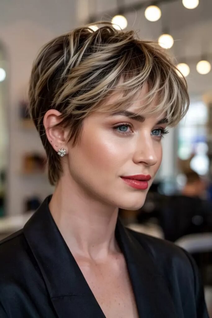 Layered Blonde Pixie with Dark Roots and Side-Swept Bangs