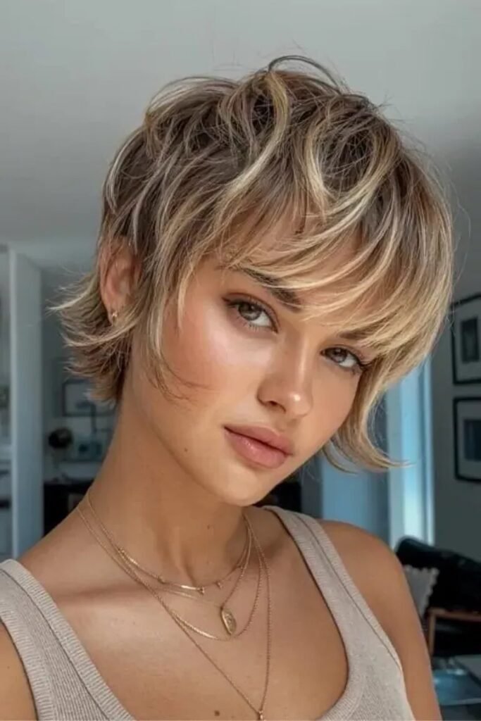 Layered Blonde Shag with Face-Framing Waves and Delicate Necklaces