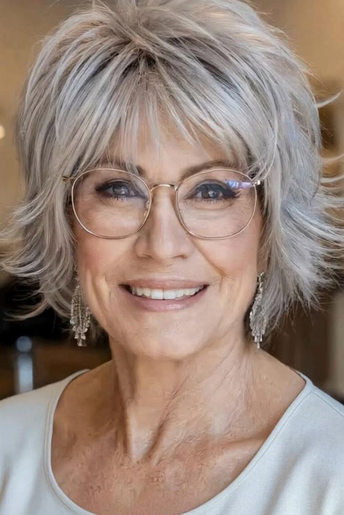 Layered Bob with Soft Bangs and Glasses