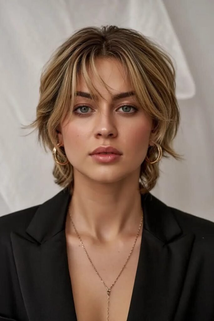 Layered Bob with Soft Blonde Highlights and Side-Swept Fringe