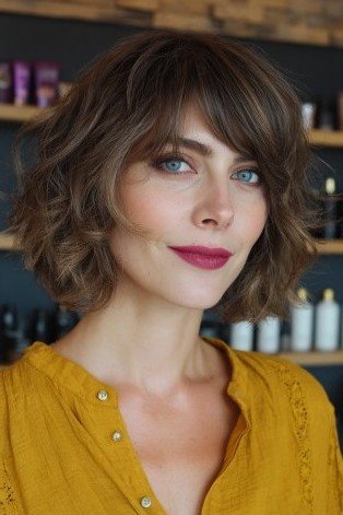 Layered Bob with Soft Waves and Side-Swept Bangs