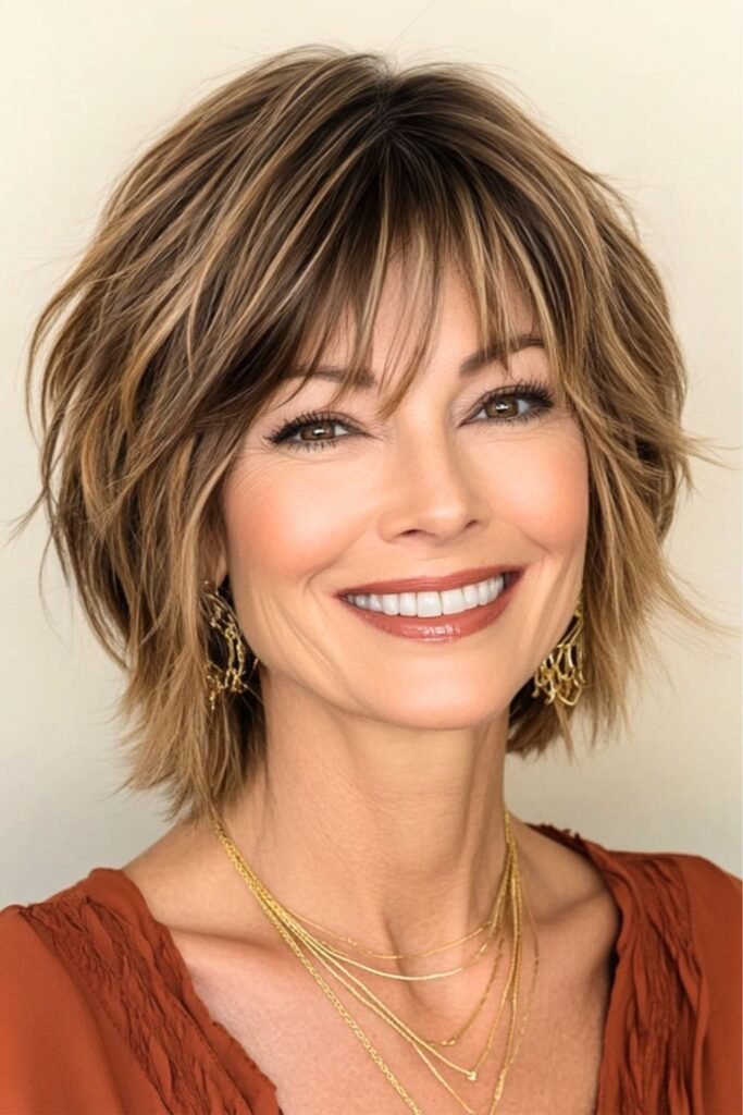 Layered Brown Bob with Highlights and Wispy Bangs