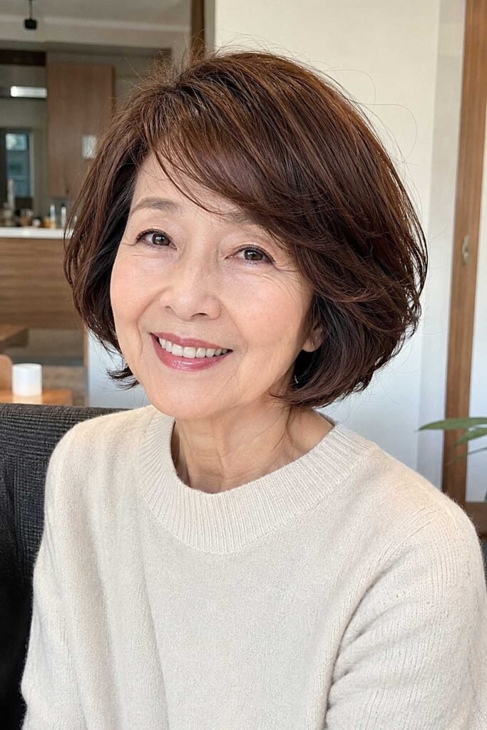 Layered Brunette Bob with Voluminous Side-Swept Bangs
