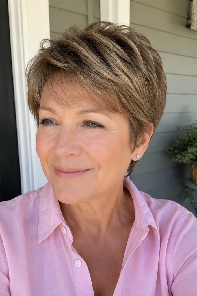 Layered Brunette Pixie with Subtle Highlights