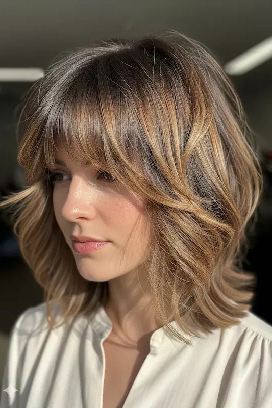 Layered Caramel Bob with Volume and Bangs
