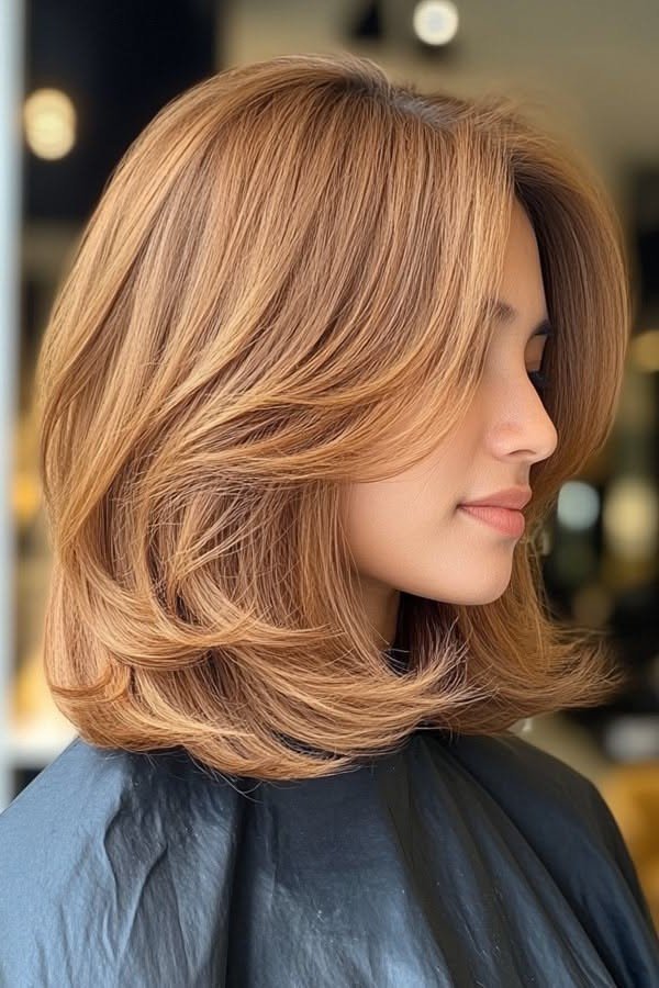 Layered Caramel Bob with Voluminous Curtain Bangs
