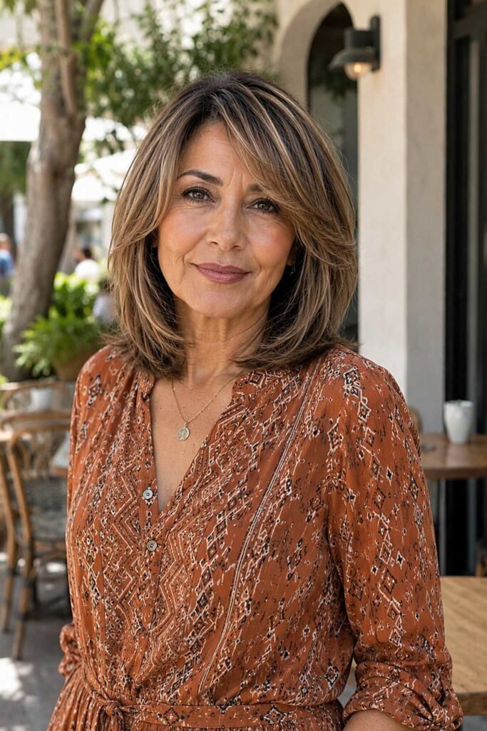 Layered Chestnut Brown Bob with Curtain Bangs