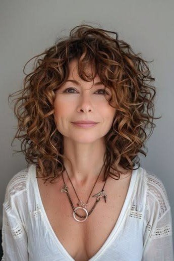 Layered Curly Bob with Wispy Bangs