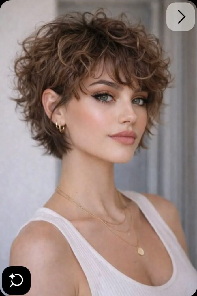 Layered Curly Pixie Bob with Wispy Bangs