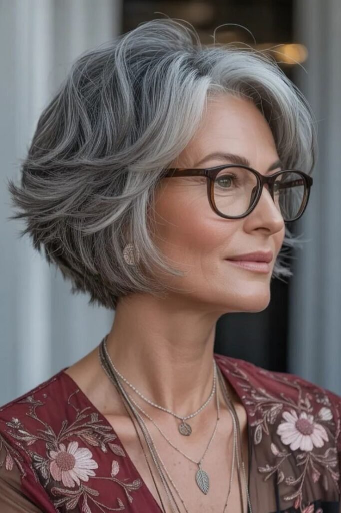Layered Grey Bob with Sweeping Side Bangs