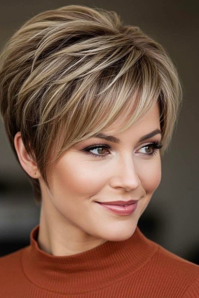 Layered Honey Blonde Pixie Cut with Soft Side Bangs