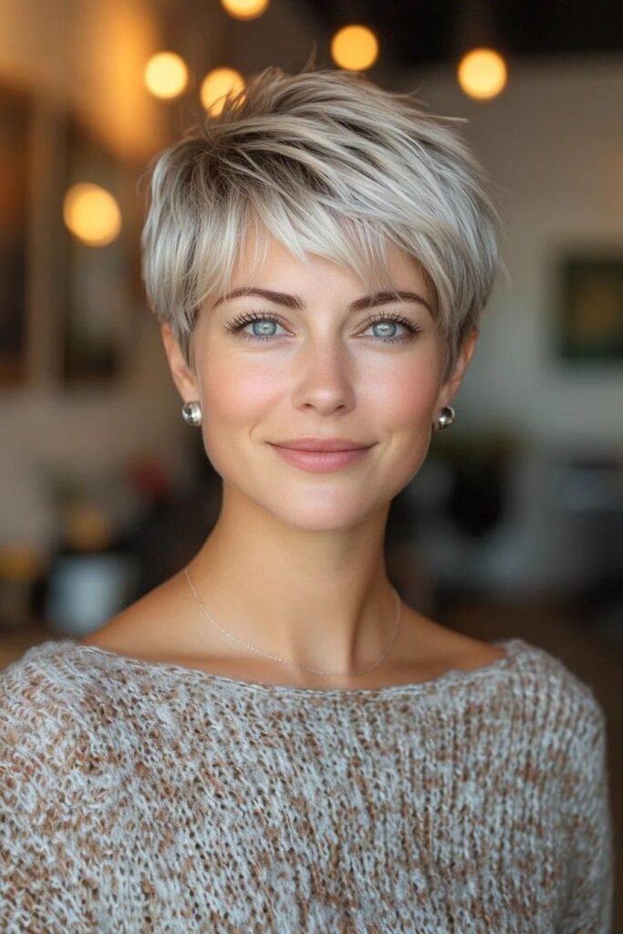 Layered Platinum Pixie Cut with Wispy Bangs