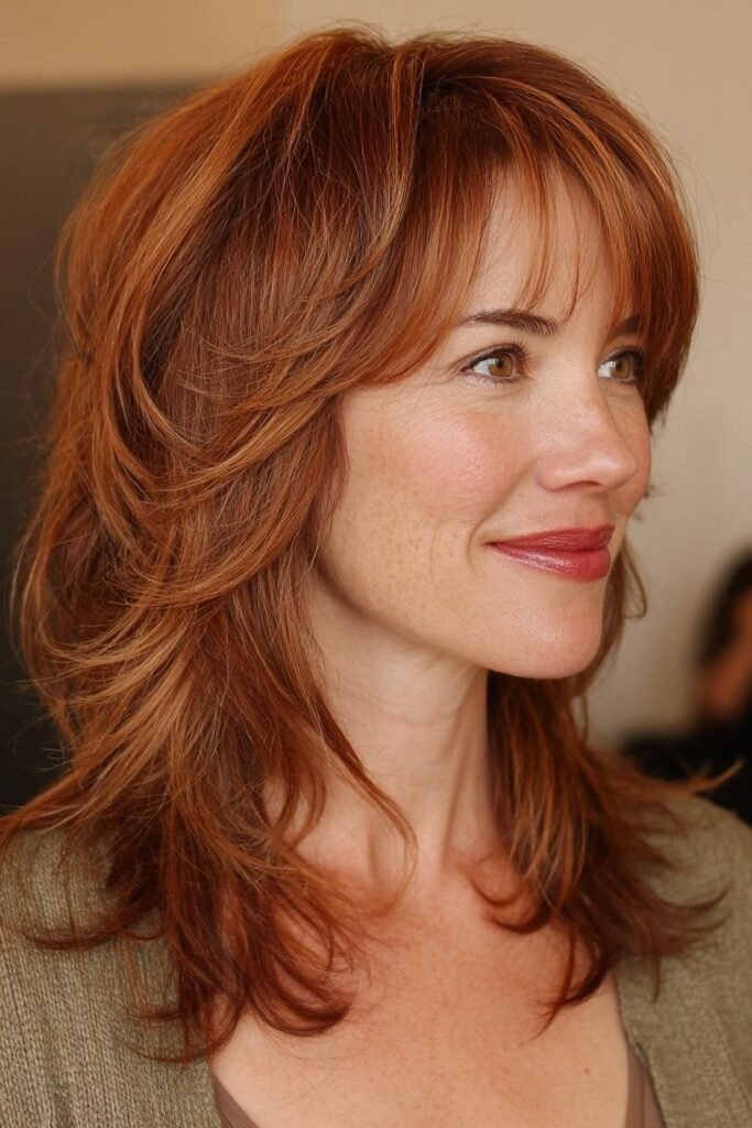 Layered Reddish-Brown Hair with Soft Fringe
