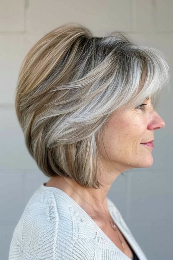 Layered Salt and Pepper Bob with Side-Swept Fringe