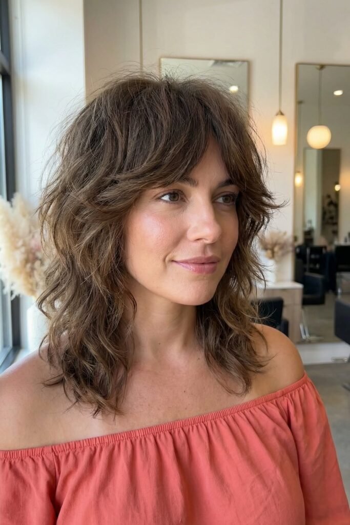 Layered Shag with Soft Wispy Bangs and Warm Undertones