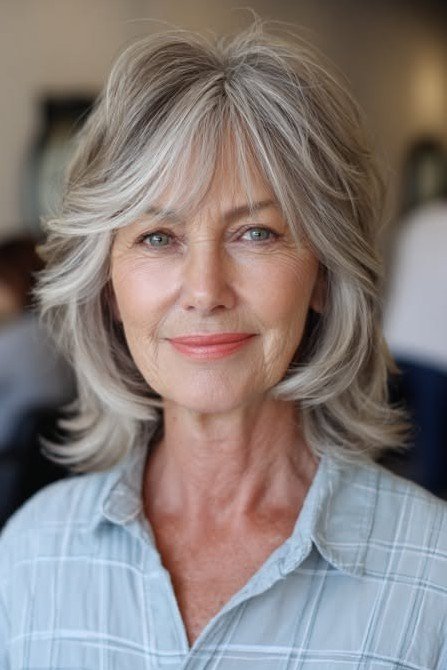 Layered Shaggy Bob with Side-Swept Silver Bangs
