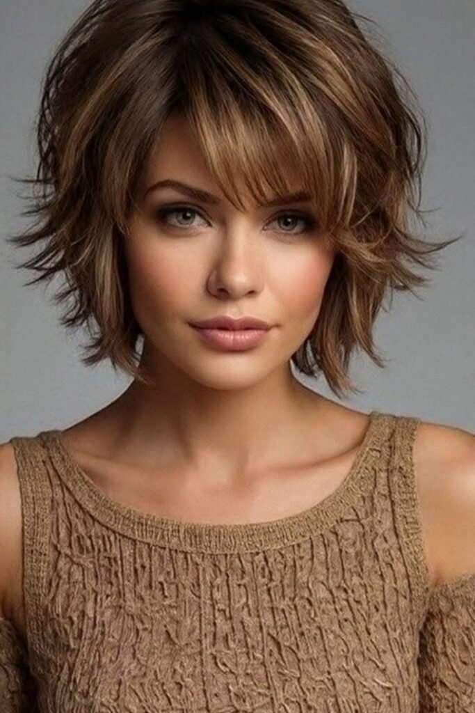 Layered Shaggy Bob with Warm Brown Highlights