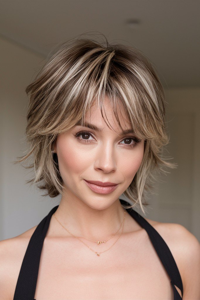 Layered Short Bob with Blonde Highlights and Curtain Bangs