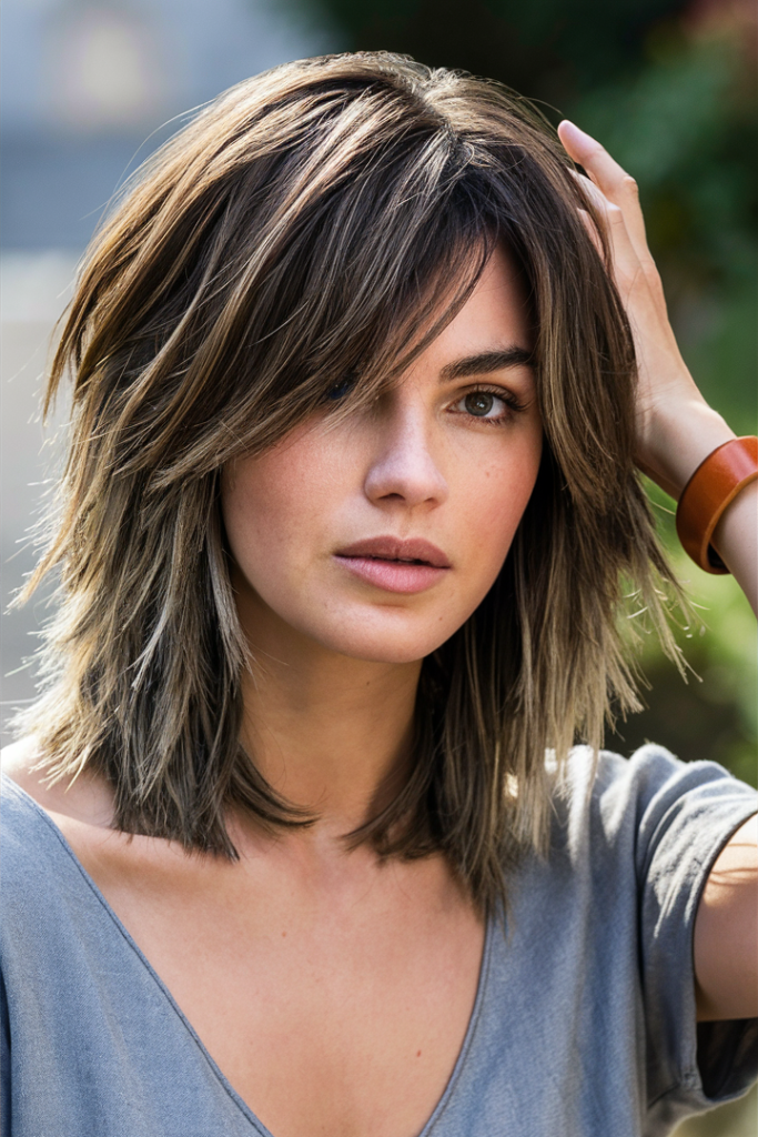 Layered Shoulder-Length Hair with Side-Swept Bangs