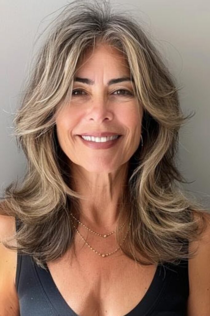 Layered Shoulder-Length Hairstyle with Curtain Bangs