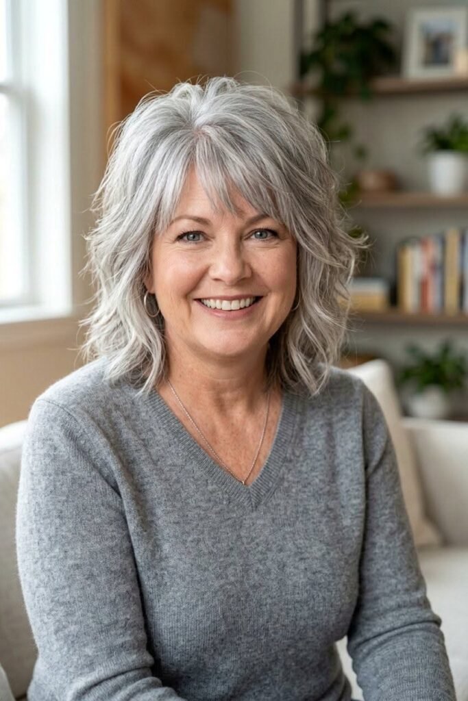 Layered Shoulder-Length Silver Shag with Wispy Bangs