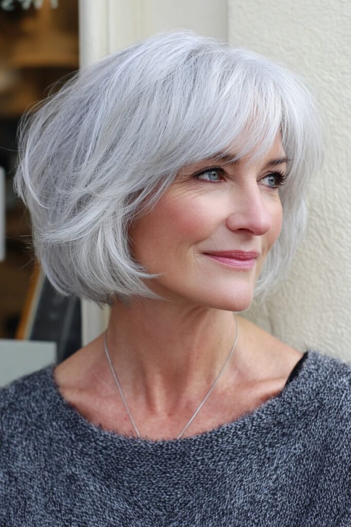 Layered Silver Bob with Side-Swept Bangs