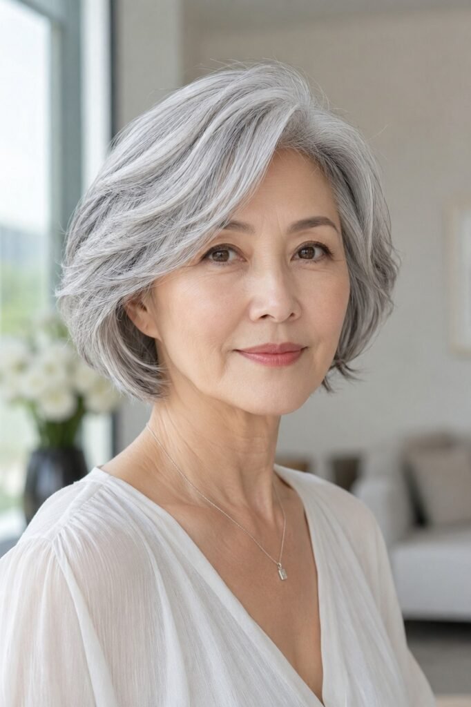 Layered Silver Bob with Side-Swept Bangs