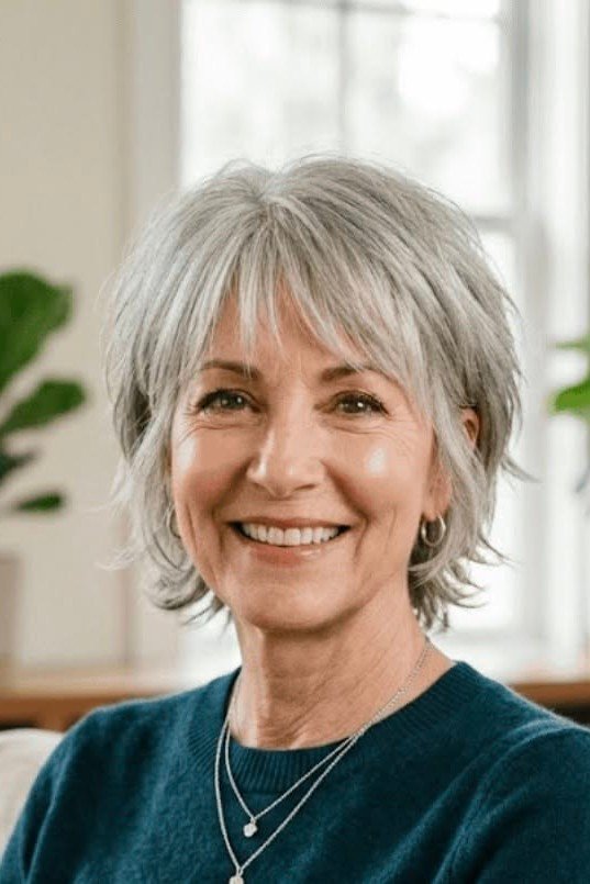 Layered Silver Bob with Soft Front Bangs