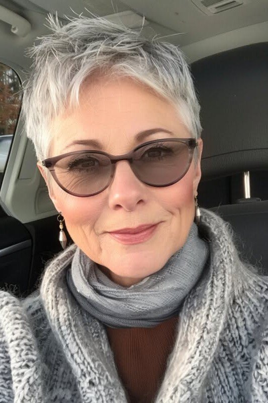 Layered Silver Pixie with Side-Swept Bangs