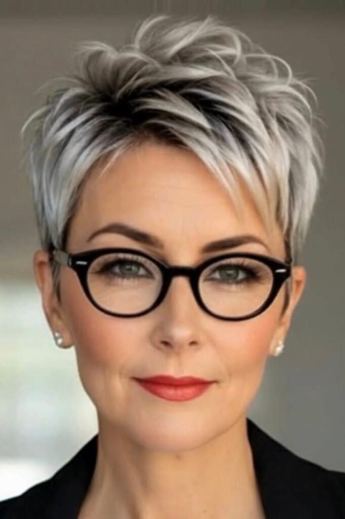 Layered Silver Pixie with Side-Swept Bangs