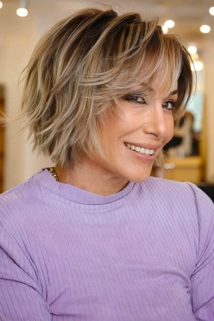Layered Voluminous Bob with Highlights and Side-Swept Bangs