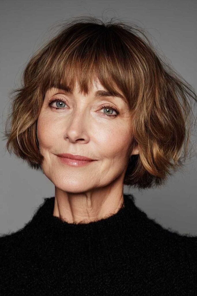 Layered Wavy Bob with Soft Brow-Skimming Bangs