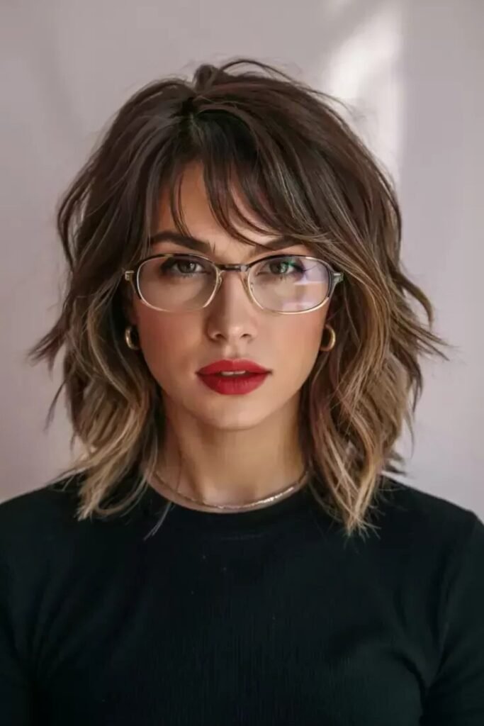 Layered Wavy Brunette Bob with Highlights and Wispy Bangs