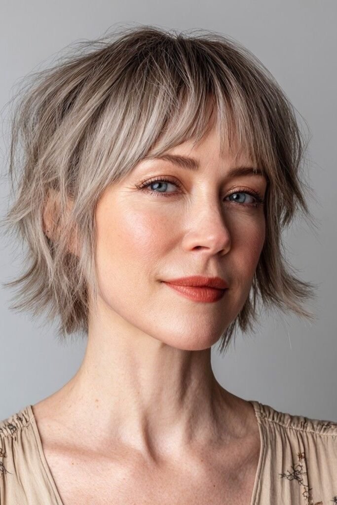 Light Ash Blonde Textured Bob with Soft Bangs