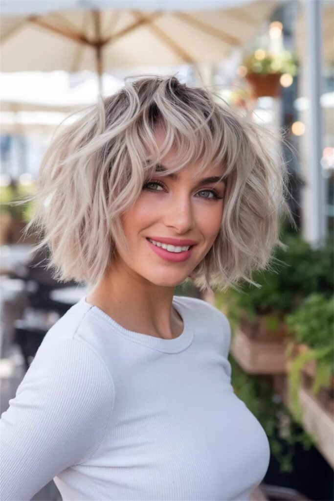Light Blonde Tousled Bob with Soft Face-Framing Bangs