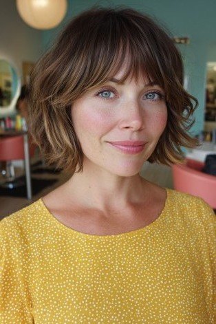 Light Brown Bob with Soft Wavy Layers and Bangs