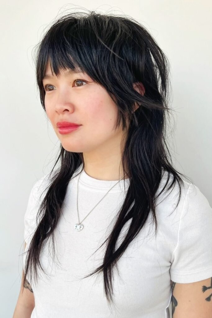 Long Black Shaggy Mullet with Straight Bangs