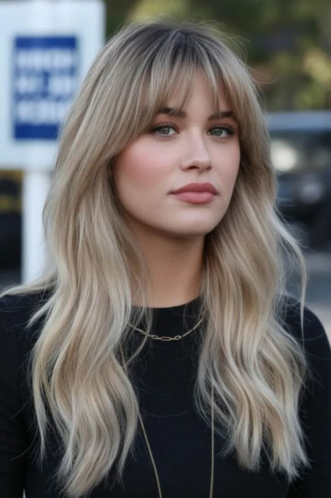 Long Blonde Hair with Full Fringe Bangs
