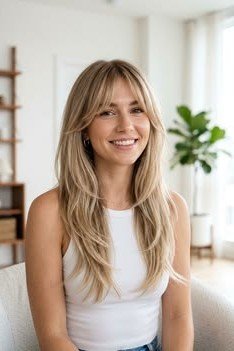 Long Blonde Layered Hair with Curtain Bangs