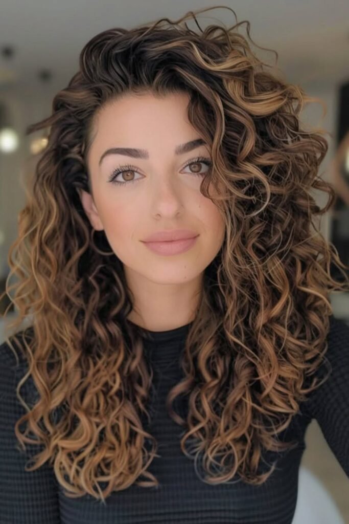 Long Layered Curly Hair with Caramel Highlights
