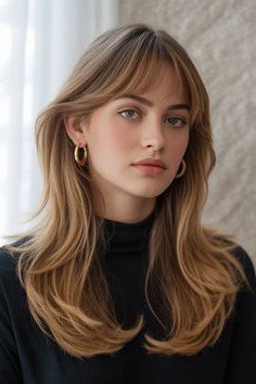 Long Layered Hair with Face-Framing Curtain Bangs