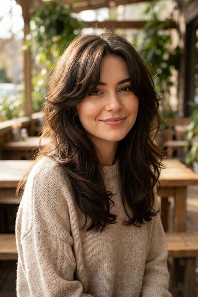 Long Layered Hair with Face-Framing Curtain Bangs