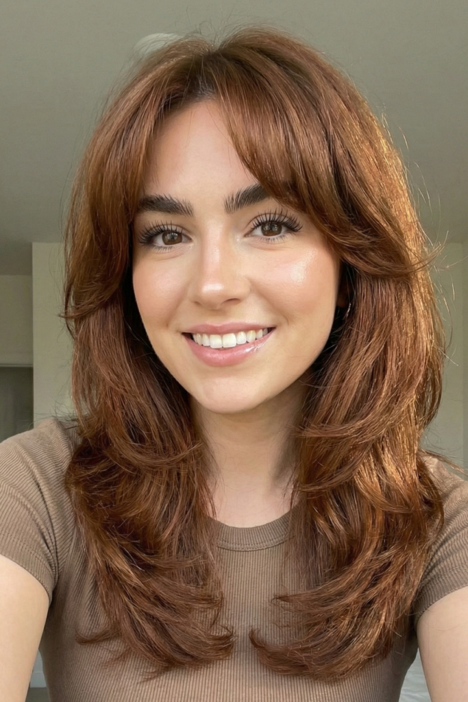 Long Layered Hair with Face-Framing Curtain Bangs
