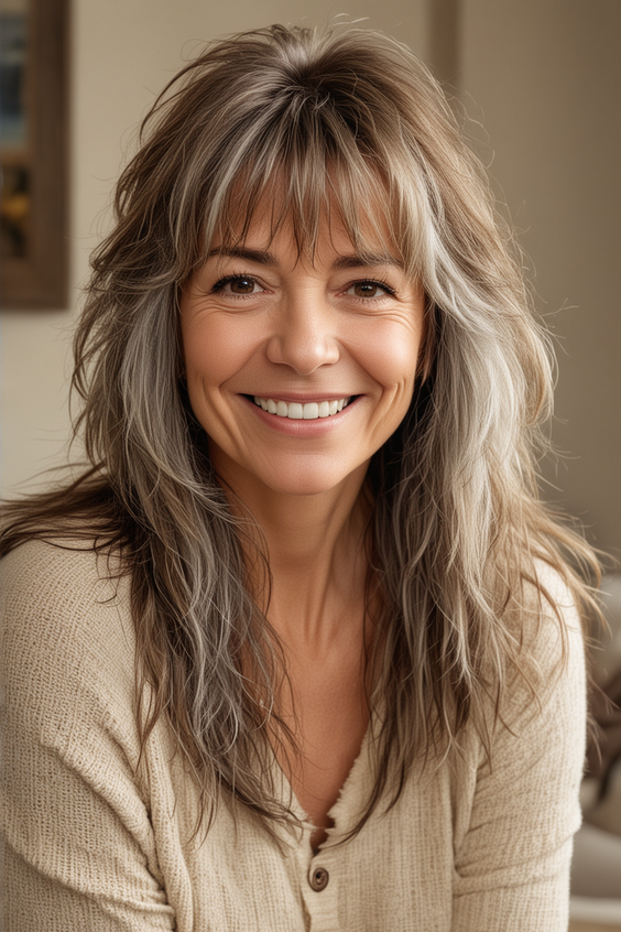Long Layered Hairstyle with Soft Highlights and Piece-y Bangs
