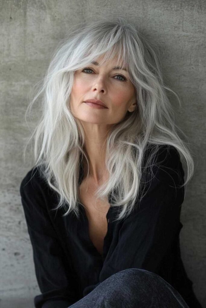 Long Shaggy Hairstyle with Silver Highlights and Curtain Bangs