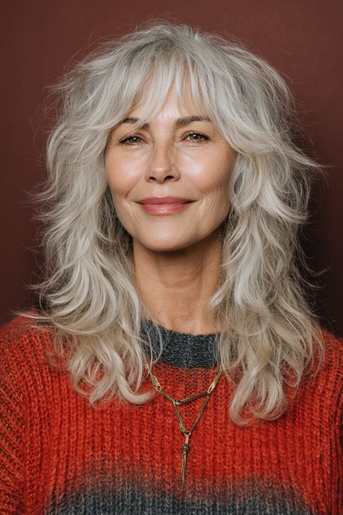 Long Shaggy Layered Hair with Curtain Bangs