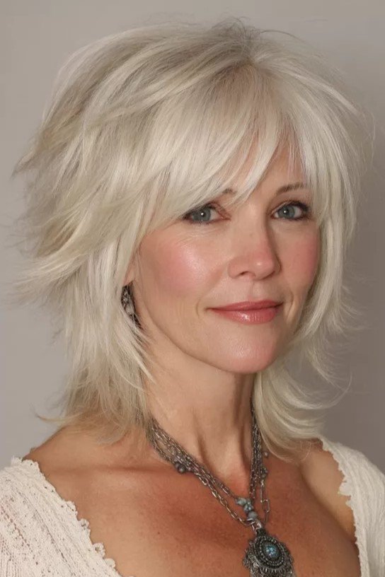 Long Shaggy Layers with Side-Swept Bangs